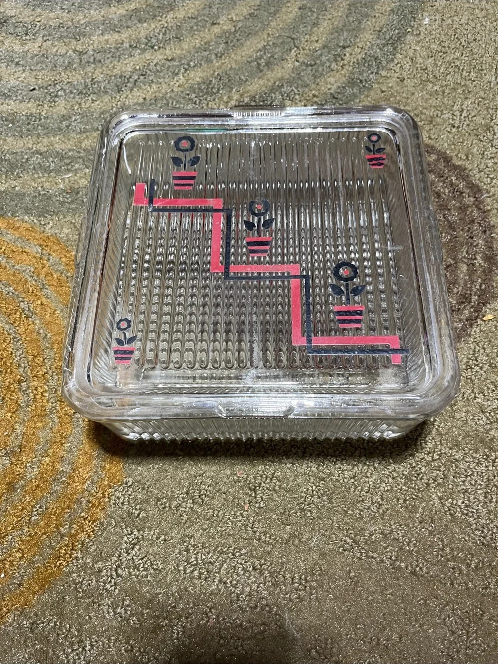 Vintage Clear Glass Square Refrigerator Box with Red & Black Flower Design